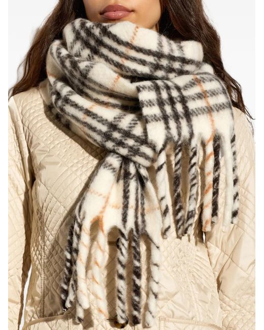Burberry White Check-Pattern Fringed Scarf