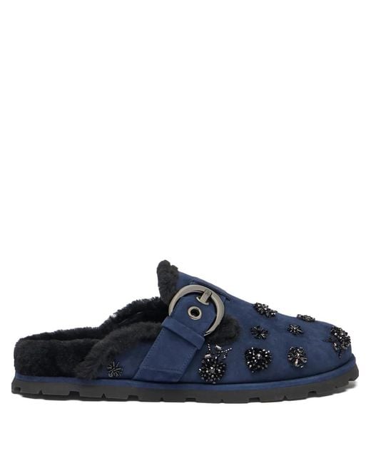 Stuart Weitzman Blue Chrystie Shearling Buckle Mules