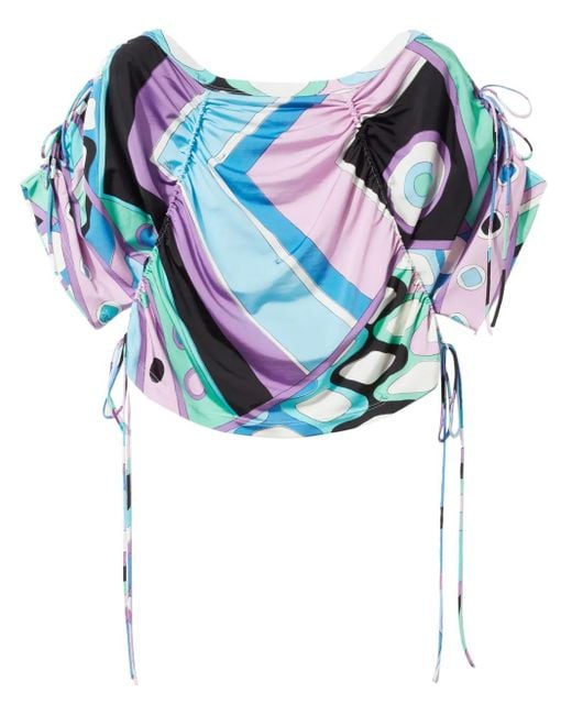 Emilio Pucci Blue Cropped-Bluse Mit Blumen-Print
