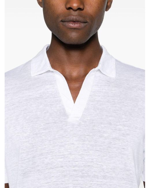 Barba Napoli White V-neck Linen Polo Shirt for men