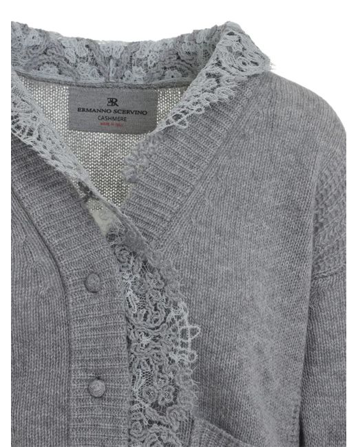 Ermanno Scervino Gray Lace-Trimmed Cardigan