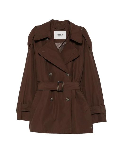Replay Brown Double-Breasted Belted Trench Coat