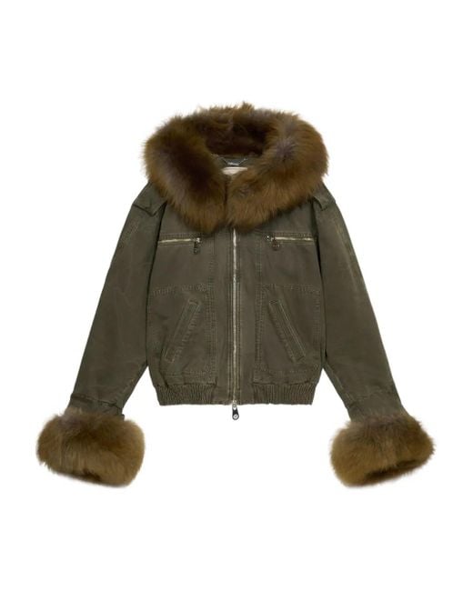 Blumarine Green Fur-trimmed Bomber Jacket