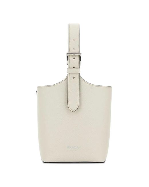 Prada White Buckled Leather Bucket Bag