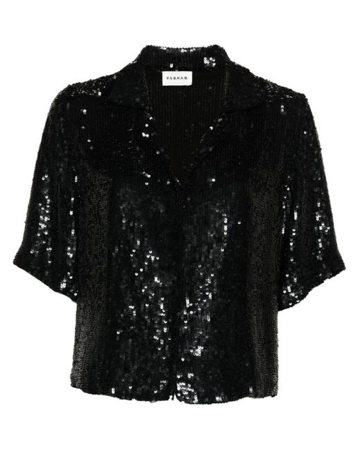 P.A.R.O.S.H. Black Sequin-embellished V-neck Shirt