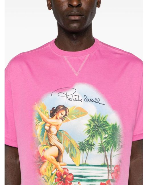 Roberto Cavalli Pink Hawaii-print Cotton T-shirt for men
