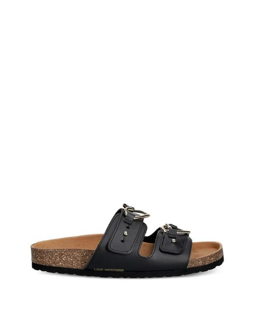 Love Moschino Black Heart-Buckle Leather Slides