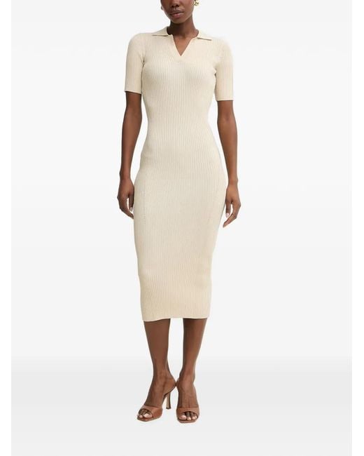 Fracomina Natural Ribbed-Knit Polo-Collar Midi Dress