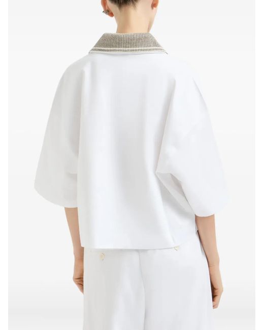 Brunello Cucinelli White Sparkling Knit-Collar T-Shirt