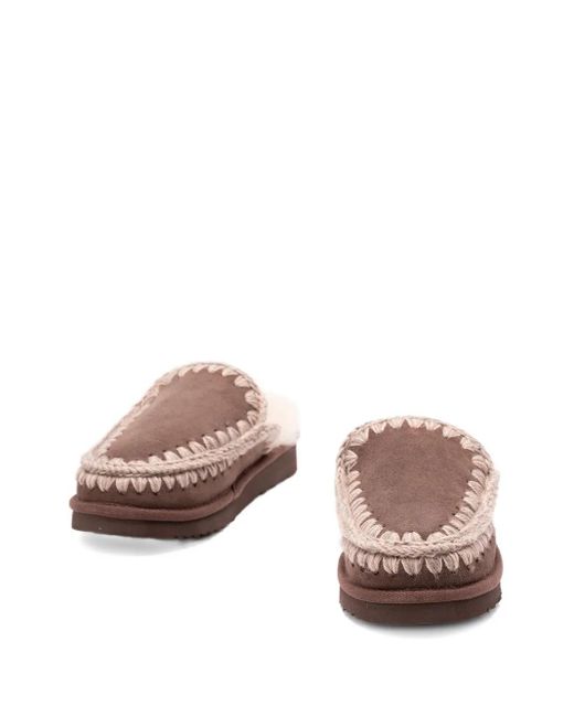 Mou Brown Crochet-Detail Sheepskin Slippers