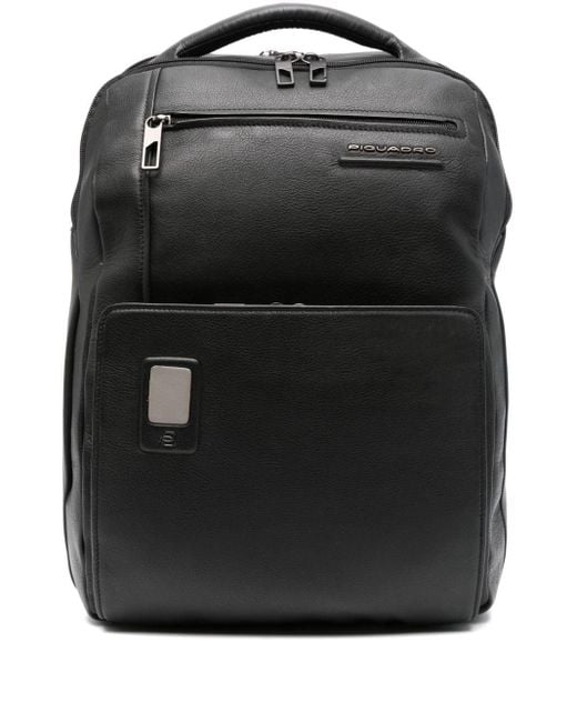 Piquadro Black Akron Logo-lettering Leather Backpack for men