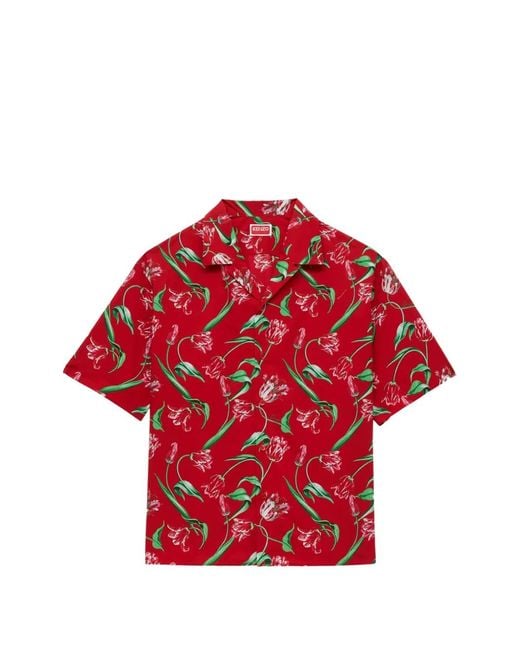KENZO Red Tulip-Print Short-Sleeve Shirt for men