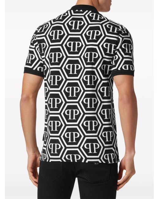 Philipp Plein Black Monogram-print Cotton Polo Shirt for men