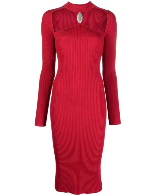 SIMKHAI Red Cut-out Ribbed-knit Midi Dress