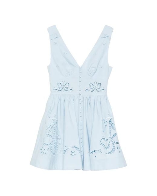 Self-Portrait Blue Elegant Mini Dress With V-Neck And Embroidery