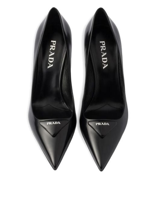 Prada Black 75Mm Triangle-Logo Leather Pumps