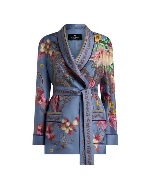 Etro Blue Silk Jacket With Belt And Floral Paisley Motif