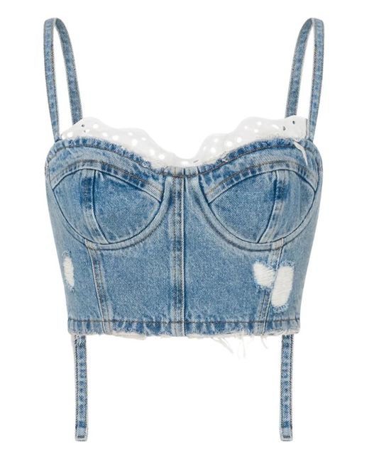 Moschino Blue Distressed Denim Cropped Top With Structured Bustier Design