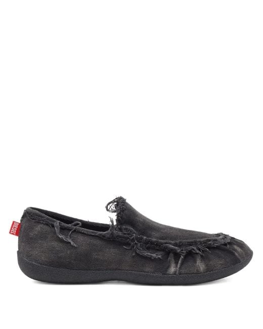 DIESEL Black D-Shock Moc Frayed-Detail Loafers for men