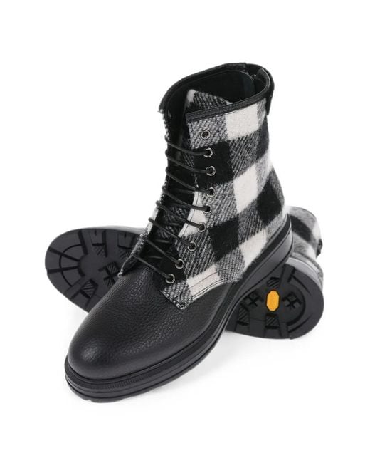 Woolrich Black Check Wool-Panelled Leather Ankle Boots