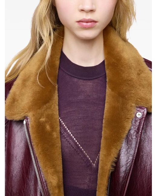 Rabanne Purple Shearling-Collar Leather Bomber Jacket