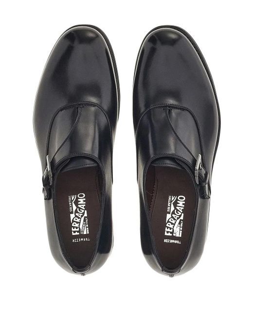 Ferragamo Black Leather Buckled Monkstrap Shoes for men