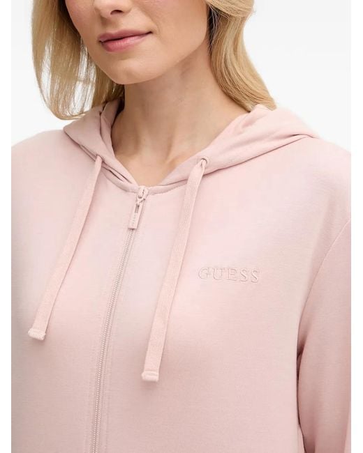 Guess Pink Logo-Embroidered Zip-Up Hoodie
