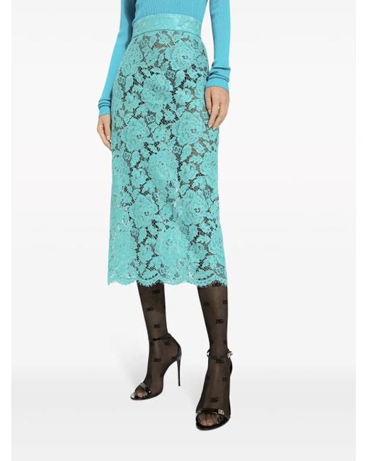 Dolce & Gabbana Blue Floral-Lace High-Waisted Midi Skirt