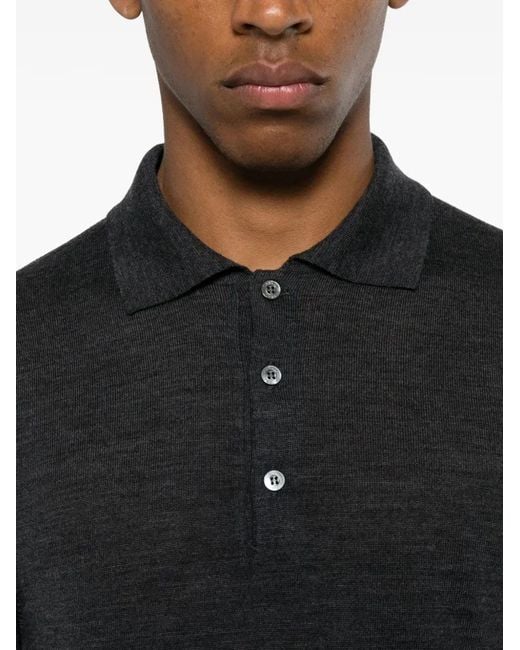 Canali Black Button Wool Polo Shirt for men