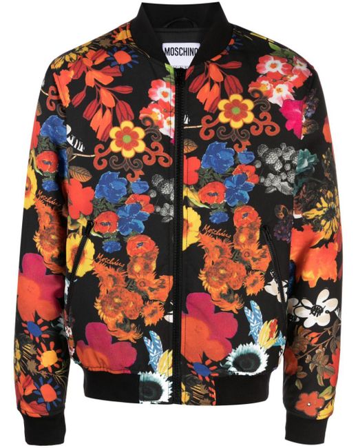Moschino Black Floral-print Padded Bomber Jacket for men