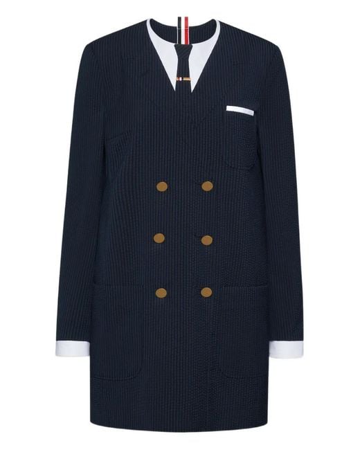 Thom Browne Blue Wool Seersucker Trompe L'Oeil Shift Mini Dress