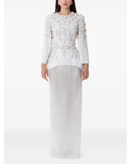 Dina Melwani White Crystal Pearl Embellished Couture Maxi Dress