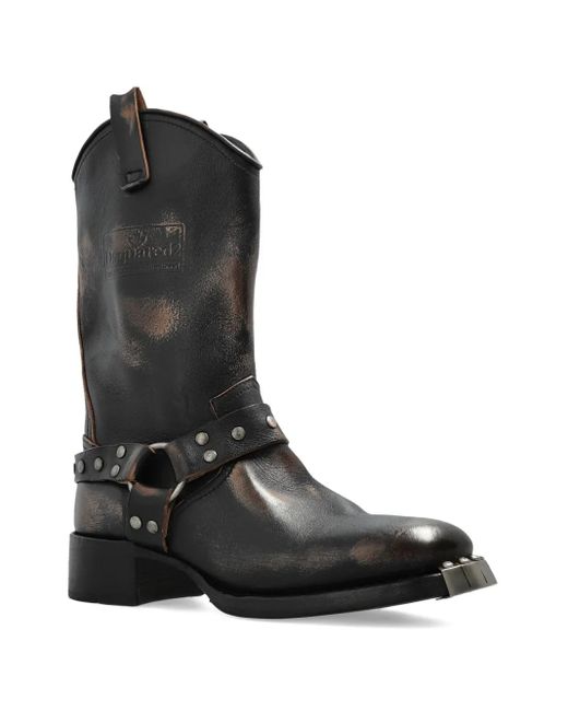 DSquared² Black Studded Leather Biker Boots for men