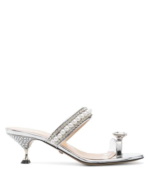 Mach & Mach White 60mm Crystal-embellished Leather Mules