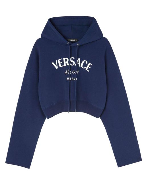 Versace Blue Logo-embroidered Drawstring Cropped Hoodie