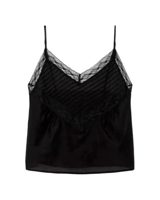 Re/done Black Caraco Sofia Plissé Bordé De Dentelle