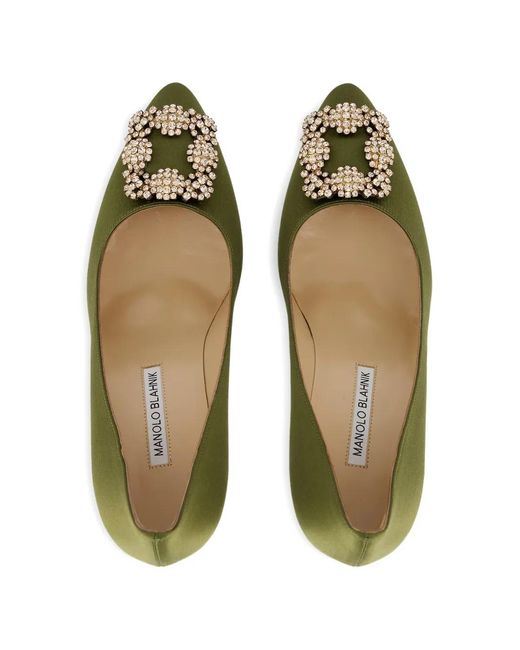 Manolo Blahnik Green Hangisi Crystal-Buckle Satin Pumps