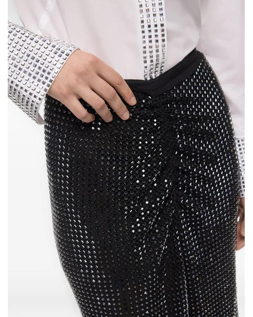 Pinko Black Mesh-Effect Calf-Length Skirt With Rhinestones