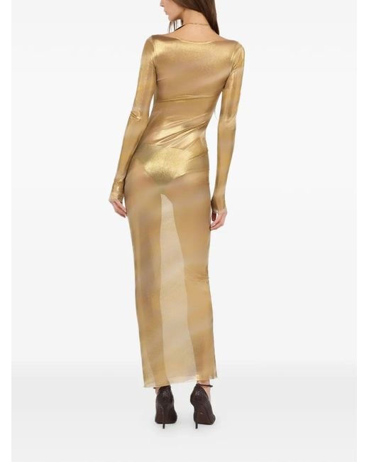 Roberto Cavalli Natural Long See-Through Dress With All-Over Nile Print
