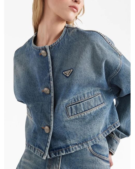 Prada Blue Denim Collarless Jacket