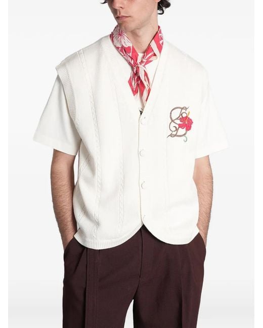 Drole de Monsieur White Floral-Embroidered Sleeveless Cardigan for men