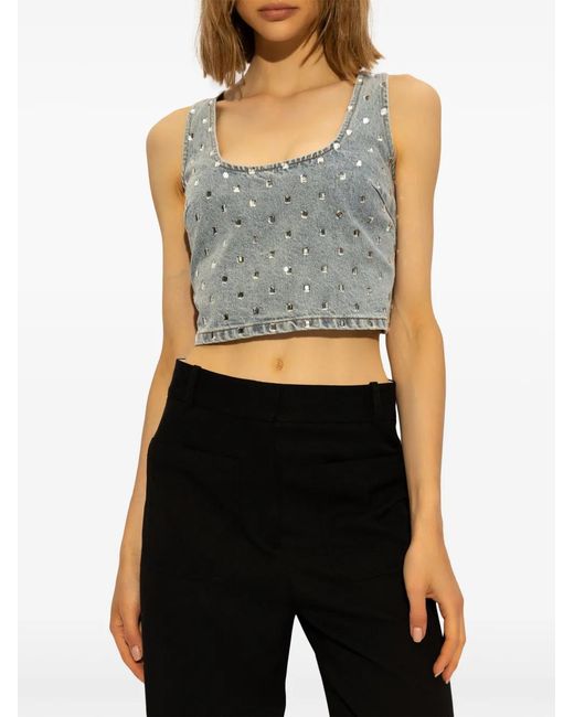 Self-Portrait Gray Denim Top Embellished With Rhinestones