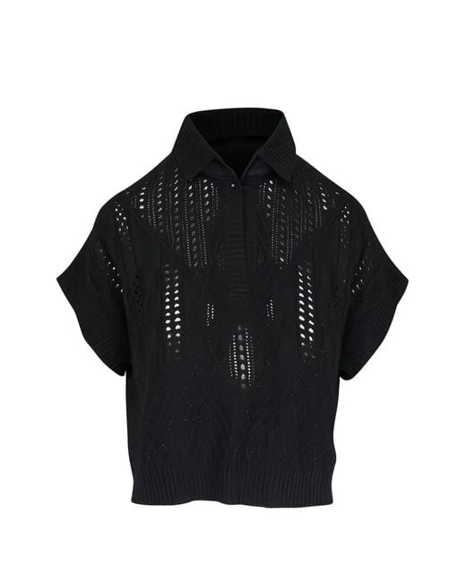D.exterior Black Pointelle-Knit Short-Sleeve Sweater