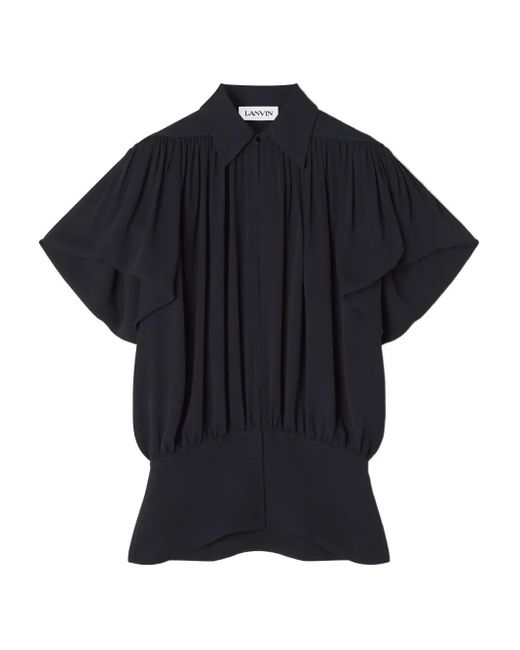Lanvin Black Pleated-Panel Short-Sleeve Top