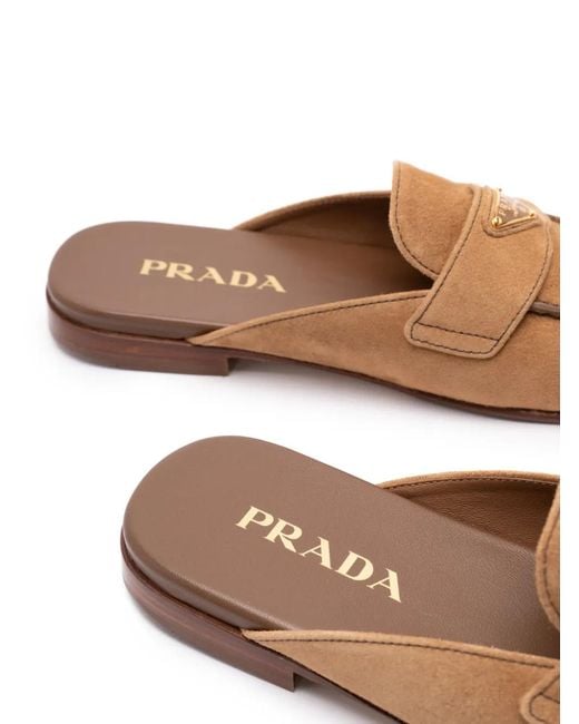 Prada Brown Logo-Plaque Flat Mules
