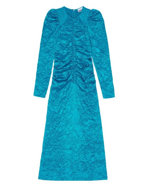 Ganni Gekreukte Satijnen Midi-jurk in het Blue