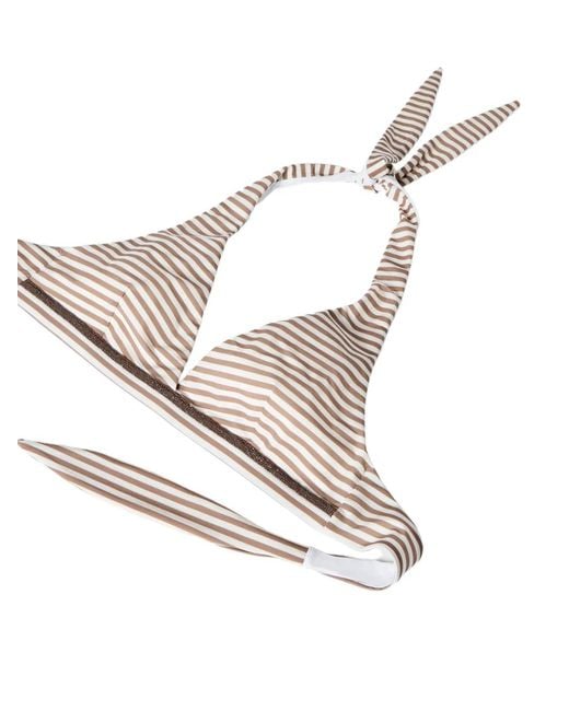 Brunello Cucinelli White Striped Techno Jersey Bikini Top With Precious Trim