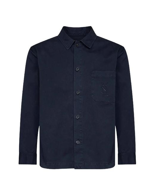 Saint Laurent Blue Cassandre-Embroidered Cotton Shirt for men