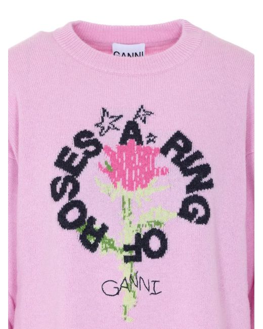 Ganni Pink Ring Of Roses Crew-Neck Sweater