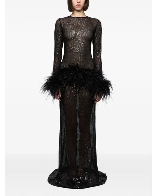 Atu Body Couture Black Sequin-Embellished Feather-Trim Maxi Dress